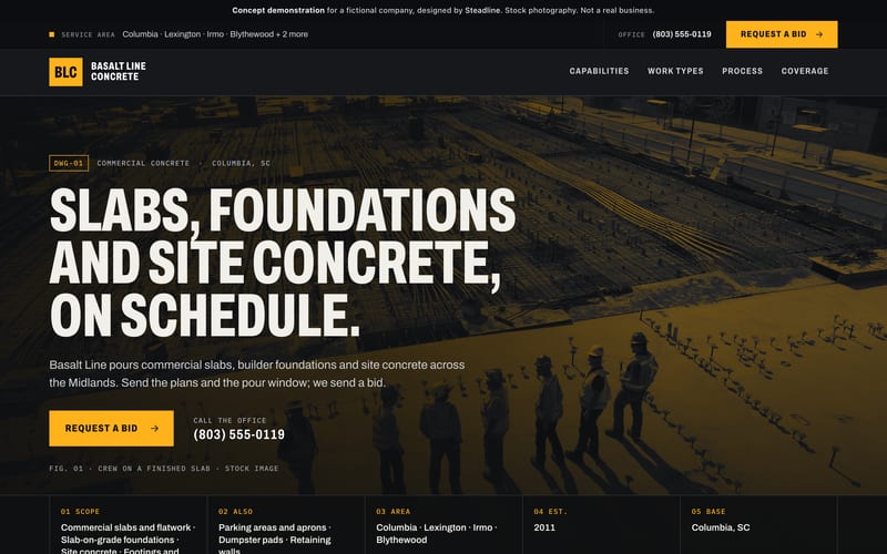 Homepage of the Basalt Line Concrete concept demonstration (fictional company), desktop view