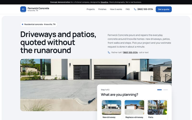 Homepage of the Fernwick Concrete concept demonstration (fictional company), desktop view