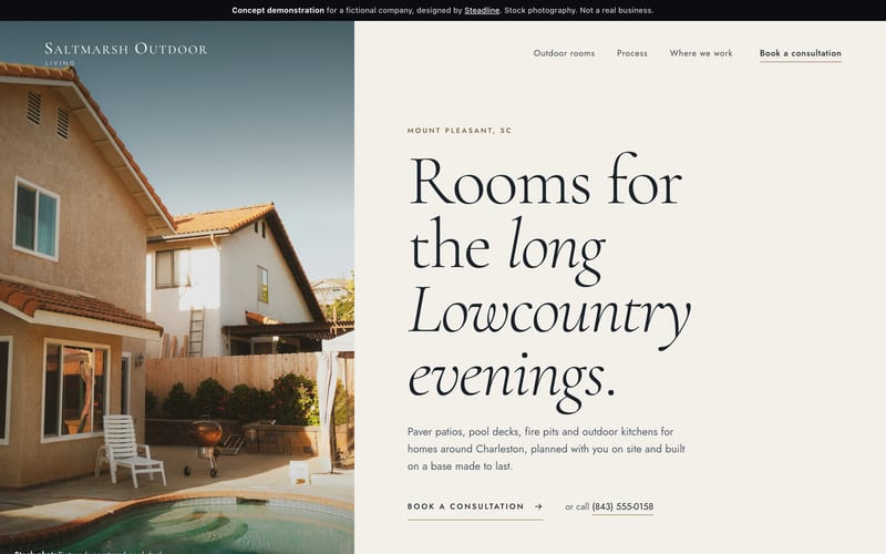 Homepage of the Saltmarsh Outdoor Living concept demonstration (fictional company), desktop view