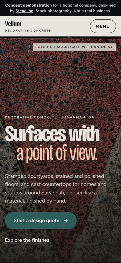 The Vellum Decorative Concrete concept demonstration (fictional company) on a phone