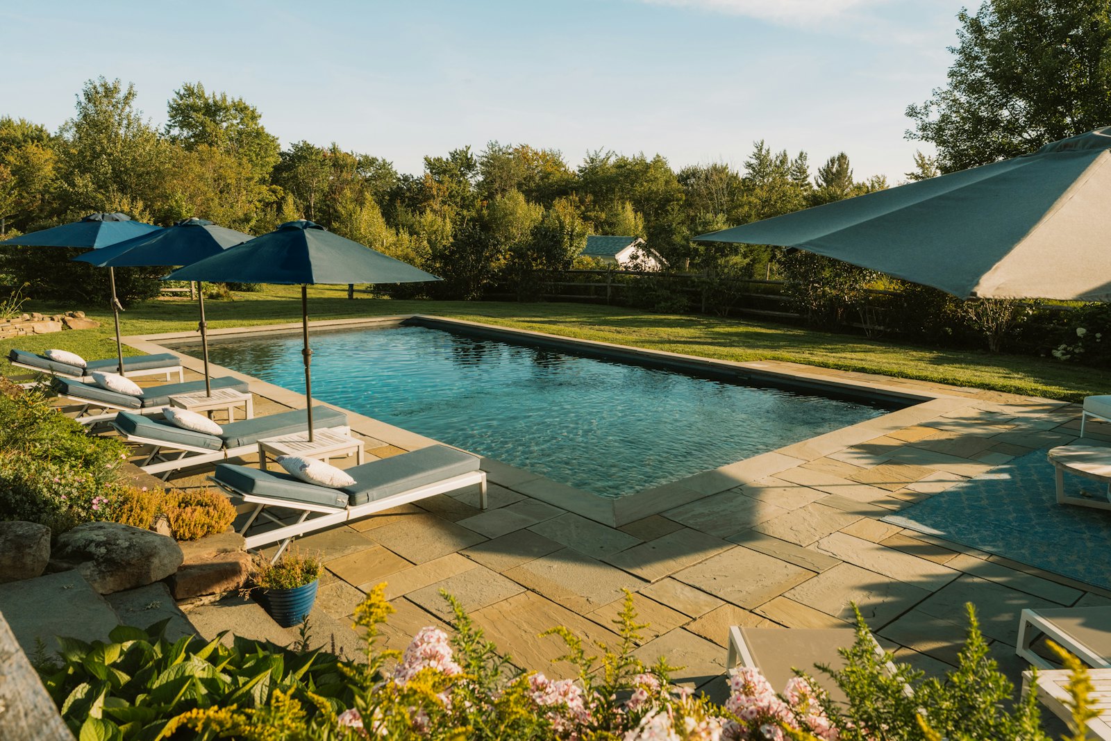 Rectangular pool with a natural stone deck, loungers and teal umbrellas in golden-hour light